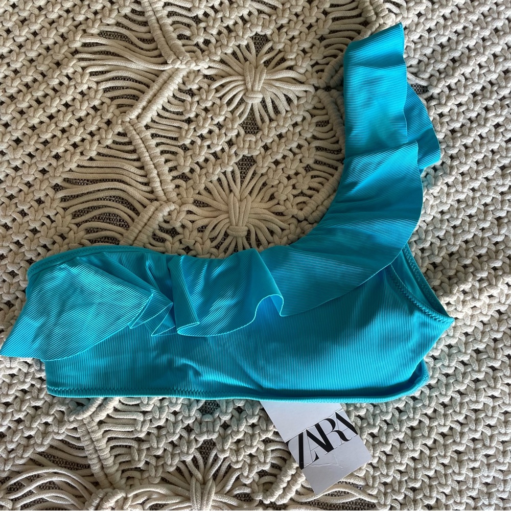 Zara Aqua Blue One Shoulder Ruffle Bikini Top NWT Size Large